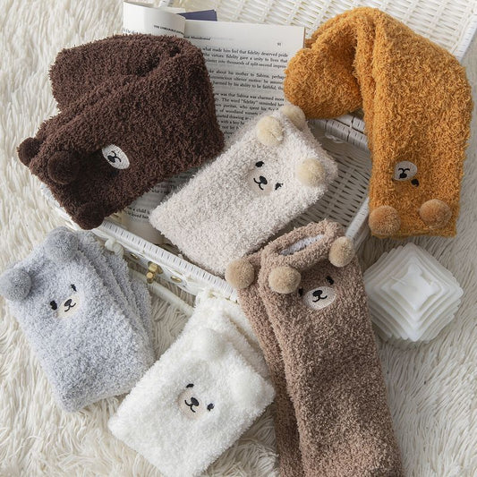 6 Pair Cute Teddy Bear Fuzzy Crew Socks Set, Coral Fleece Plush Winter Sleeping Socks, Thick Elastic Warm V888-ELOSUNG52499