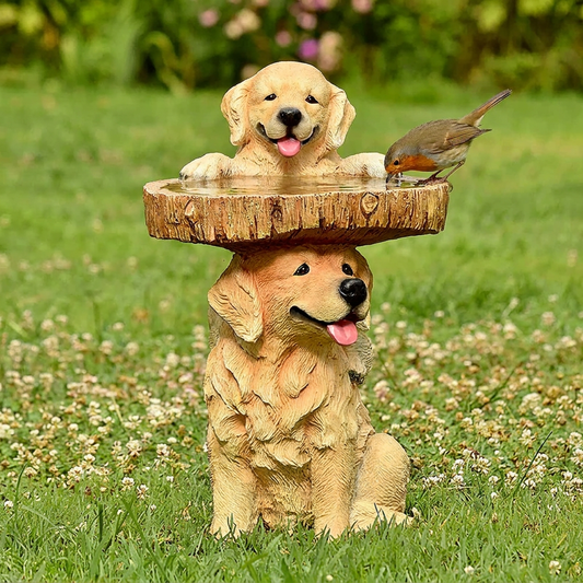Resin Bird Bath Feeder Garden Ornament with Dog Design - Tree Stump Decorative Outdoor Bird Feeder for Patio, V888-ELOSUNG52508