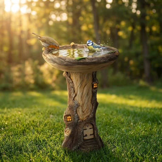 Resin Bird Bath Feeder Garden Ornament with Tree House Design - Tree Stump Decorative Outdoor Bird Feeder for V888-ELOSUNG52509