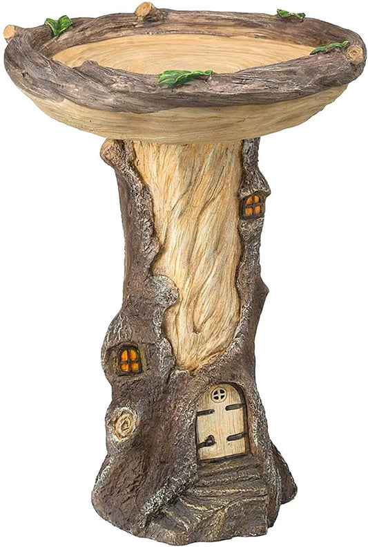 Resin Bird Bath Feeder Garden Ornament with Tree House Design - Tree Stump Decorative Outdoor Bird Feeder for V888-ELOSUNG52509