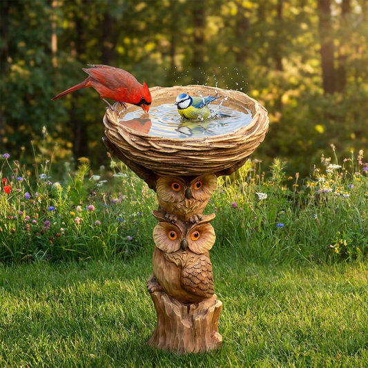 Resin Bird Bath Feeder Garden Ornament with Owl Design - Tree Stump Decorative Outdoor Bird Feeder for Patio, V888-ELOSUNG52510