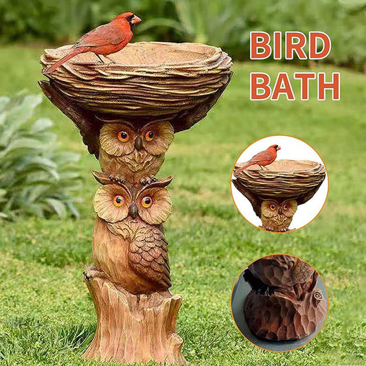 Resin Bird Bath Feeder Garden Ornament with Owl Design - Tree Stump Decorative Outdoor Bird Feeder for Patio, V888-ELOSUNG52510