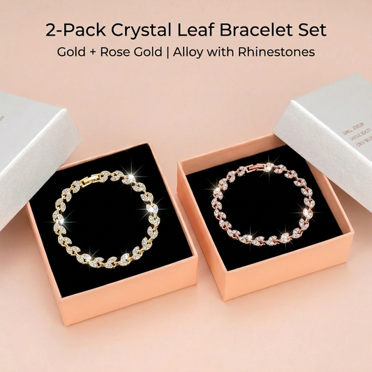 2 Pack Gold and Rose Gold Women's Crystal Leaf Bracelets with Gift Box - Elegant Rhinestone Alloy Link V888-ELOSUNG52526