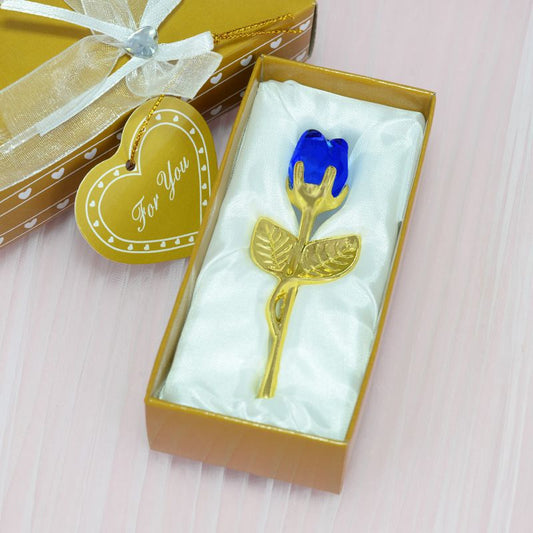 2 Set of Blue Crystal Rose Flower with Gold Gift Box and Gold Plated Stem Leaf - Elegant Crystal & Metal Rose V888-ELOSUNG52535