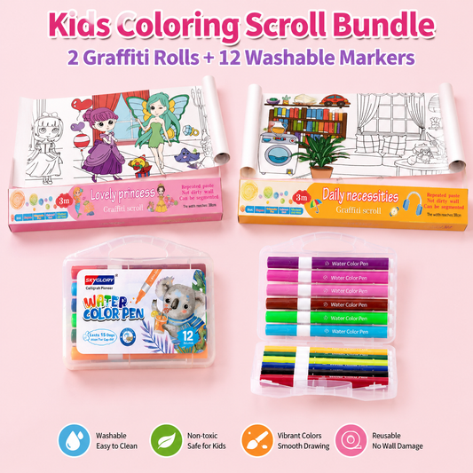 2PCS Kids 3M Giant Coloring Rolls and 12 Colors Washable Soft Tip Markers Set - Lovely Princess + Daily V888-ELOSUNG52543