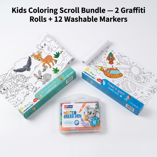 2PCS Kids 3M Giant Coloring Rolls and 12 Colors Washable Soft Tip Markers Set - Space Adventure + Animal V888-ELOSUNG52544