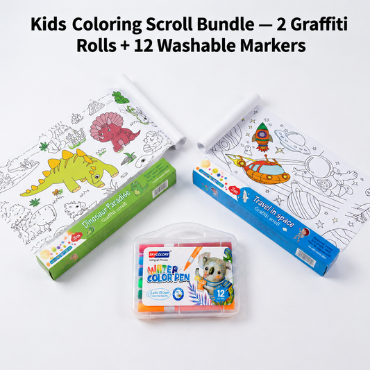 2PCS Kids 3M Giant Coloring Rolls and 12 Colors Washable Soft Tip Markers Set - Space Adventure + Dinosaur V888-ELOSUNG52545