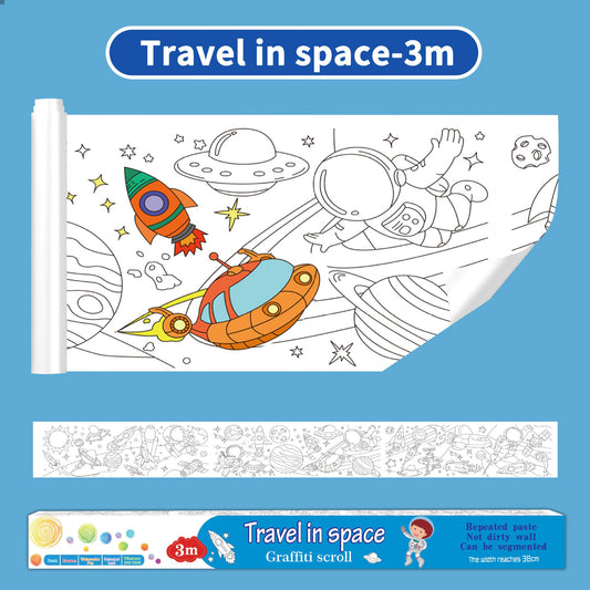 2PCS Kids 3M Giant Coloring Rolls and 12 Colors Washable Soft Tip Markers Set - Space Adventure + Dinosaur V888-ELOSUNG52545