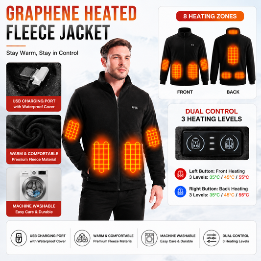 M Size Winter USB Heated Windproof Soft Fleece Warm Jacket for Men and Women - 8 Zones Graphene & Carbon V888-ELOSUNG52559