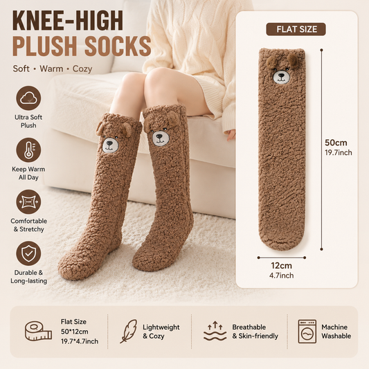 Coffee Winter Women's Cute Bear Plush Knee High Slipper Socks - Warm Fleece Floor Socks and Sleeping Socks V888-ELOSUNG52563