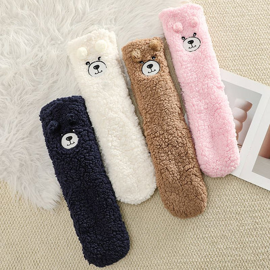 Coffee Winter Women's Cute Bear Plush Knee High Slipper Socks - Warm Fleece Floor Socks and Sleeping Socks V888-ELOSUNG52563