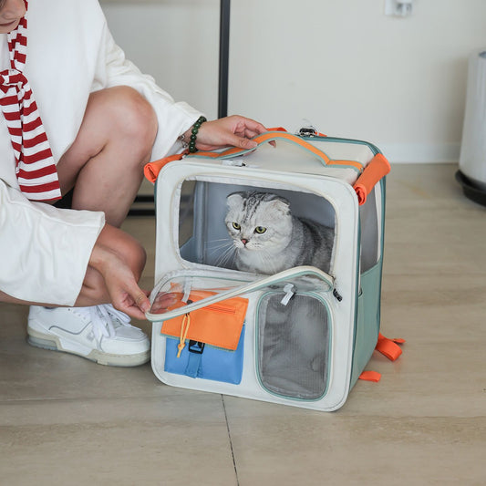Orange and Grey Large Space Pet Carrier Trolley – Foldable Cat Carrier Backpack with Breathable Side Mesh & View Window, Silent Rolling Wheels, Storage Pocket and Removable Bottom Pad for Dog and Cat, 42 x 36 x 27CM