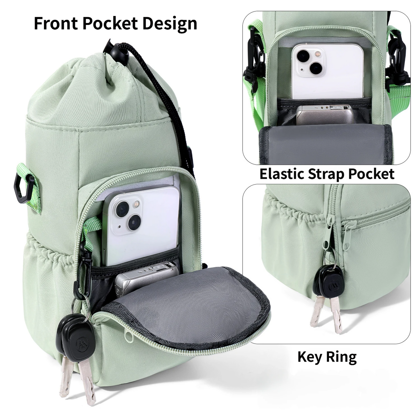 2-Pack Pink Muti-Pockets Insulated Water Bottle Holder and Adjustable Phone Crossbody Bag – 40oz Bottle Large Waterproof Cooler Sling Bag with Drawstring Closure and PE Cotton and Aluminium Foil Lining