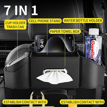 Soothing Gray Multifunctional Car Seat Back Storage Boxand Trash Can – PVC Leather Vehicle Hanging Organizer with Tissue Box Holder, Cup Holder, Phone Stand and Dual Hooks for Tidy Daily Commuting & Road Trip
