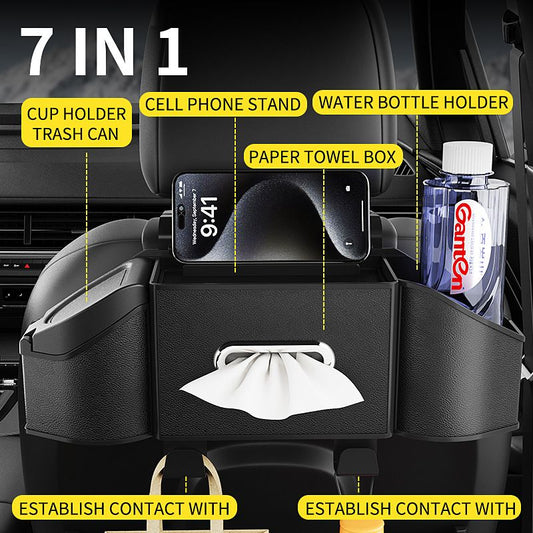 Soothing Gray Multifunctional Car Seat Back Storage Boxand Trash Can – PVC Leather Vehicle Hanging Organizer with Tissue Box Holder, Cup Holder, Phone Stand and Dual Hooks for Tidy Daily Commuting & Road Trip
