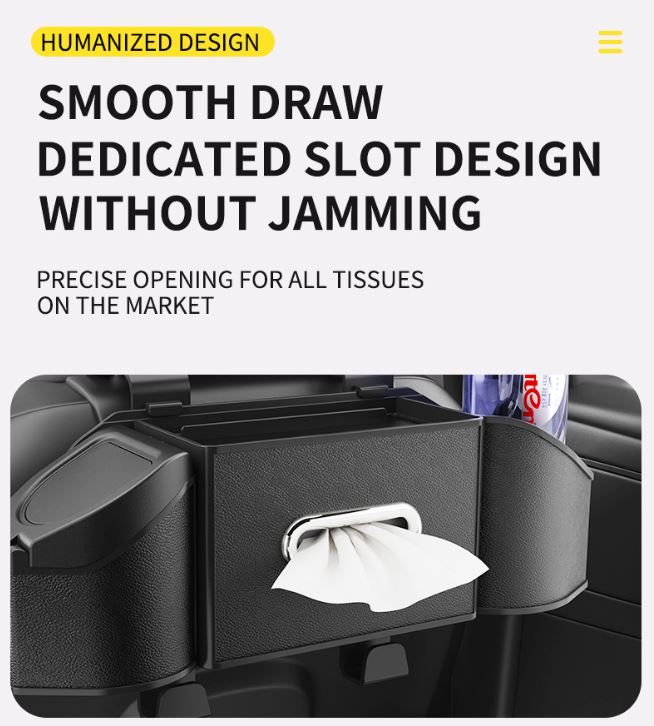 Soothing Gray Multifunctional Car Seat Back Storage Boxand Trash Can – PVC Leather Vehicle Hanging Organizer with Tissue Box Holder, Cup Holder, Phone Stand and Dual Hooks for Tidy Daily Commuting & Road Trip