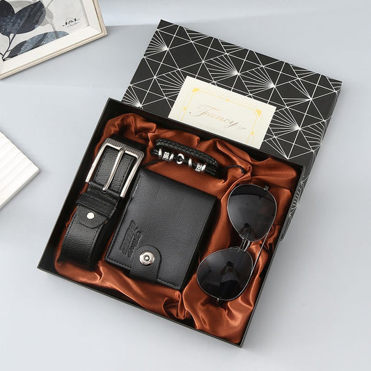 Black 4-Piece Men's Gift Set - Leather Wallet, Belt, Sunglasses & Bracelet in Luxury Gift Box - Perfect for V888-ELOSUNG53006