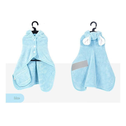 Blue L size Pet Drying Robe with Hood - Quick Dry Coral Fleece Towel for Dogs and Cats, Super Absorbent V888-ELOSUNG53012