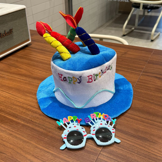 2-piece Blue Plush Birthday Cake Hat Set - Novelty Party Accessory with Matching Glasses, Fun Photo Prop for V888-ELOSUNG53050