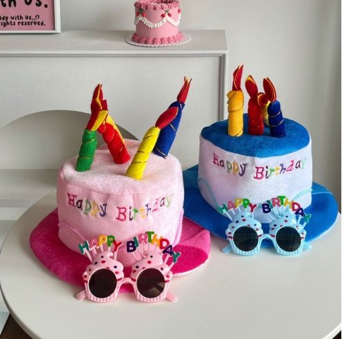 2-piece Blue Plush Birthday Cake Hat Set - Novelty Party Accessory with Matching Glasses, Fun Photo Prop for V888-ELOSUNG53050