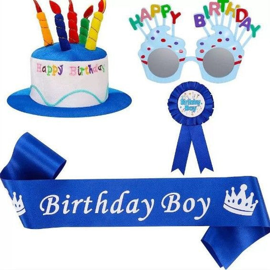 4-piece Blue Plush Birthday Cake Hat Set - Novelty Party Accessory with Matching Glasses and Medals and V888-ELOSUNG53052
