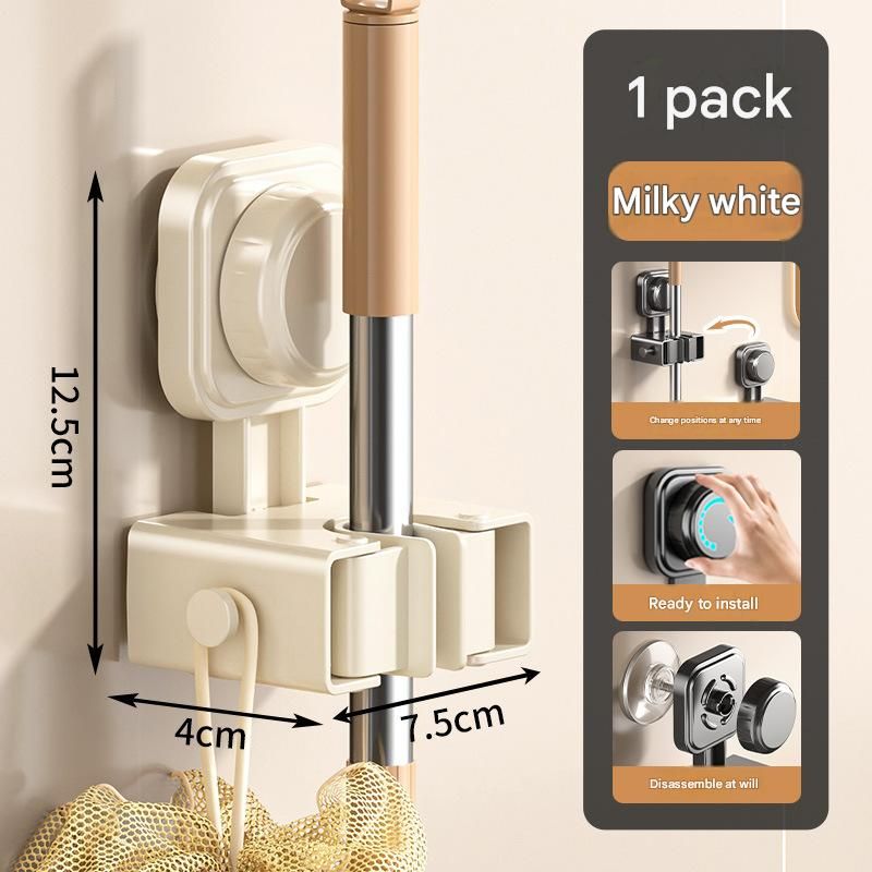 1 pack Milky white Suction Cup Mop and Broom Holder Wall Mount - No Drill Adhesive Hook for Bathroom, Kitchen V888-ELOSUNG53063