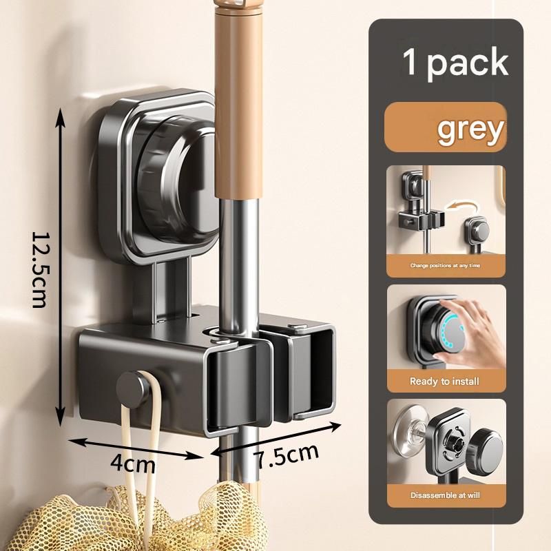 1 pack Grey Suction Cup Mop and Broom Holder Wall Mount - No Drill Adhesive Hook for Bathroom, Kitchen and V888-ELOSUNG53064