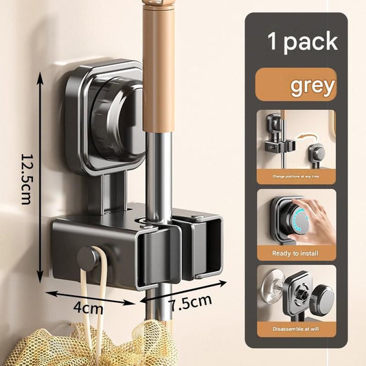 1 pack Grey Suction Cup Mop and Broom Holder Wall Mount - No Drill Adhesive Hook for Bathroom, Kitchen and V888-ELOSUNG53064