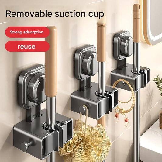 1 pack Grey Suction Cup Mop and Broom Holder Wall Mount - No Drill Adhesive Hook for Bathroom, Kitchen and V888-ELOSUNG53064