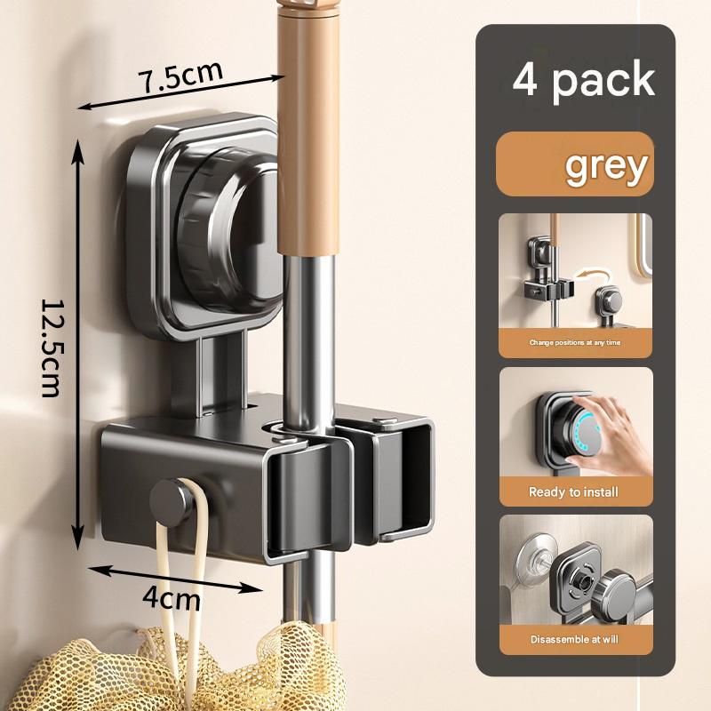4 pack Grey Suction Cup Mop and Broom Holder Wall Mount - No Drill Adhesive Hook for Bathroom, Kitchen and V888-ELOSUNG53067