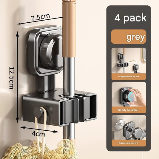 4 pack Grey Suction Cup Mop and Broom Holder Wall Mount - No Drill Adhesive Hook for Bathroom, Kitchen and V888-ELOSUNG53067