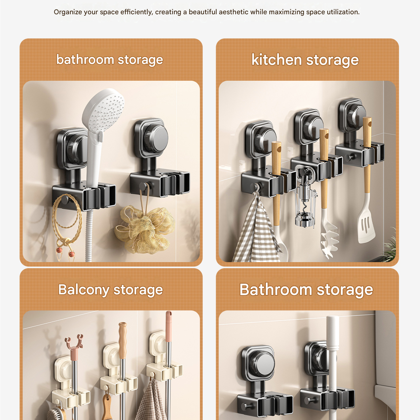 3 pack Milky white Suction Cup Mop and Broom Holder Wall Mount - No Drill Adhesive Hook for Bathroom, Kitchen V888-ELOSUNG53069