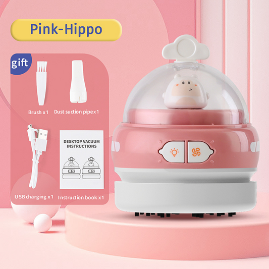 Pink-Hippo Mini Animal Desktop Vacuum Cleaner - USB Rechargeable, Night Light, 2-Speed Suction, Detachable & V888-ELOSUNG53080