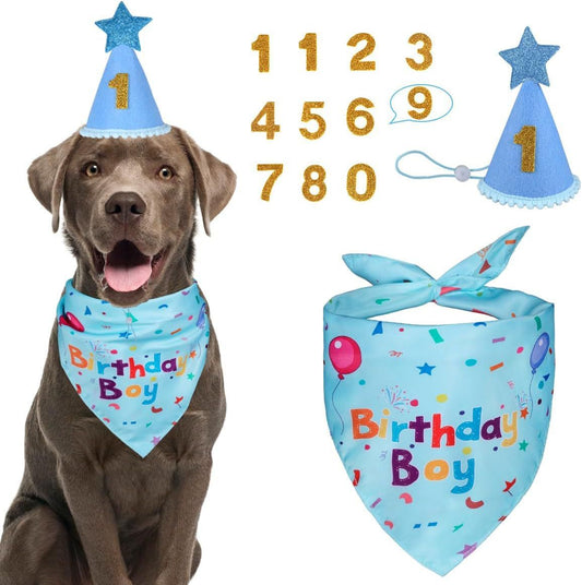 Blue Pet Birthday Bandana and Hat Set - Soft Cotton, Double-Sided Print, Adjustable Party Hat with Number - V888-ELOSUNG53087