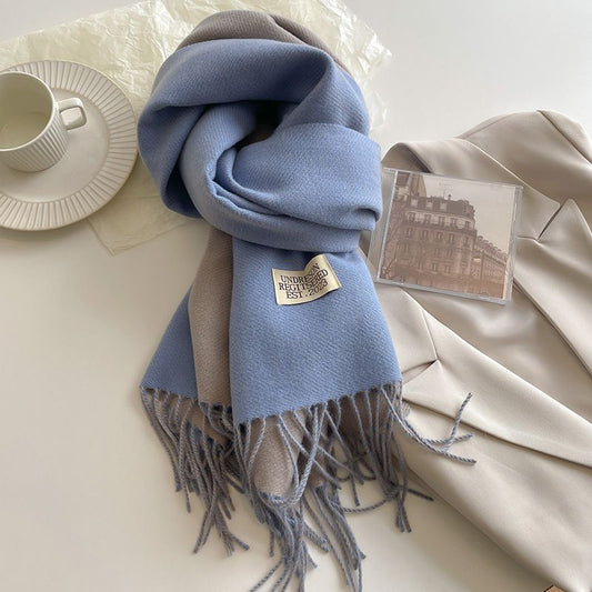 Blue and Grey Double-Sided Reversible Imitation Cashmere Scarf for Women - Soft Warm Winter Neck Wrap with V888-ELOSUNG53094