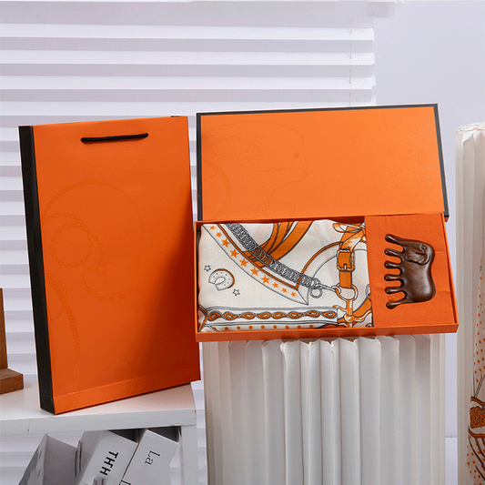 Luxury Orange Scarf Gift Set for Women - 70x70cm Belt Buckle Print Square Scarf with Elephant Comb, Stylish V888-ELOSUNG53097