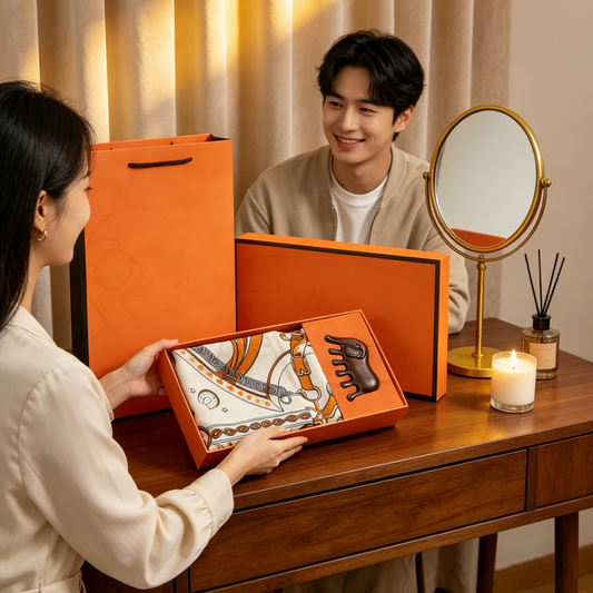 Luxury Orange Scarf Gift Set for Women - 70x70cm Belt Buckle Print Square Scarf with Elephant Comb, Stylish V888-ELOSUNG53097