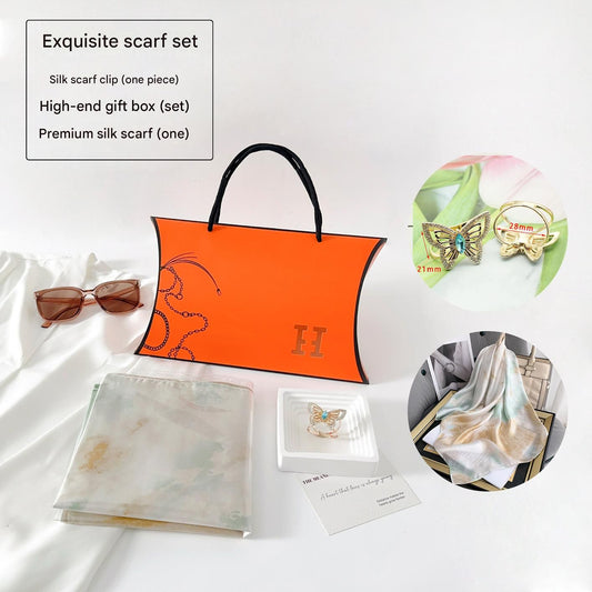 Light Green Ink-Wash Style Korean Design 70x70cm Imitation Silk Scarf Gift Set for Women - Fashionable Square V888-ELOSUNG53098