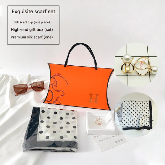 Black Polka-Dot Style Korean Design 70x70cm Imitation Silk Scarf Gift Set for Women - Fashionable Square V888-ELOSUNG53101
