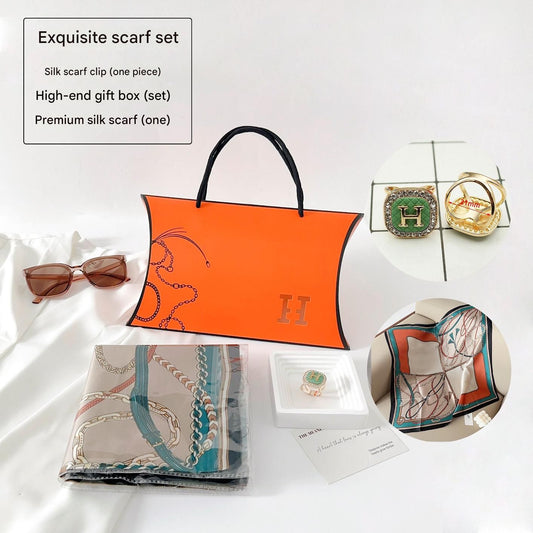 Colorful Chain Styles Korean Design 70x70cm Imitation Silk Scarf Gift Set for Women - Fashionable Square V888-ELOSUNG53102