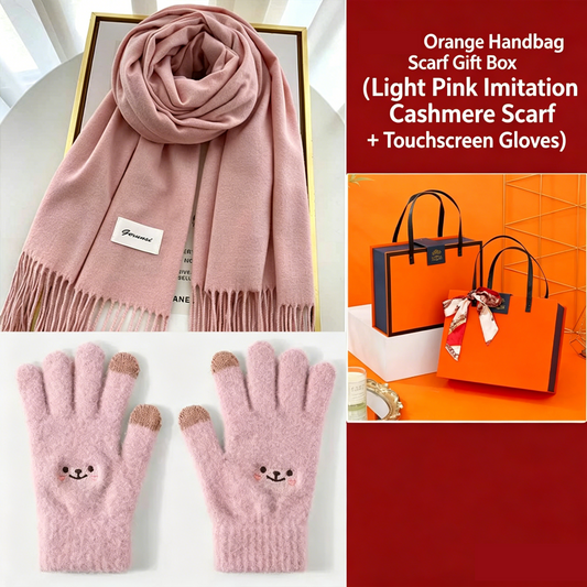 Pink Winter Cashmere-Like Scarf and Gloves Gift Set for Women - Solid Color Tassel Warm Neck Wrap with V888-ELOSUNG53107