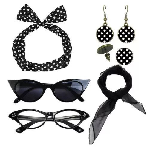 Black 6 Piece Vintage Polka Dot Party Kit Accessories Set - 1950s Retro Costume with Cat Eye Sunglasses, V888-ELOSUNG53124