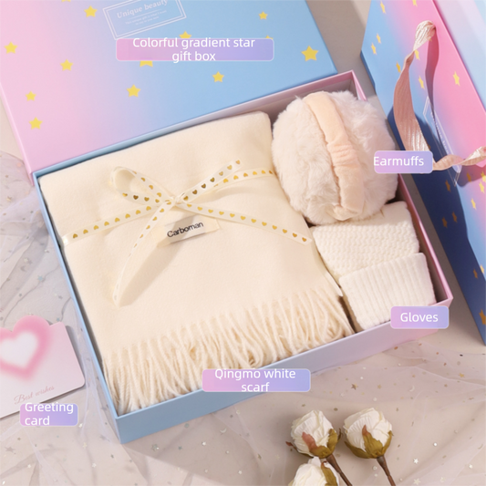 White Winter Scarf Gift Box Set for Women (Earmuffs, Gloves, and Scarf 3-Piece Set)- Soft Warm Scarf with V888-ELOSUNG53149