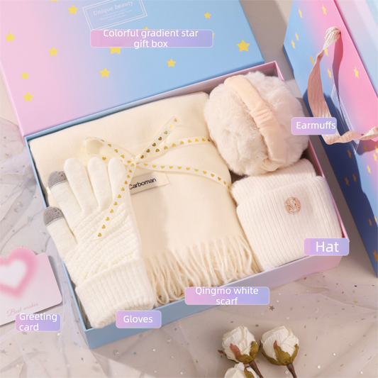 White Winter Scarf Gift Box Set for Women (4-Piece Set: Earmuffs, Hat, Gloves, and Scarf)- Soft Warm Scarf V888-ELOSUNG53150