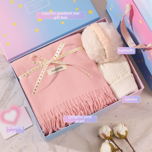 Pink and White Winter Scarf Gift Box Set for Women (Earmuffs, Gloves, and Scarf 3-Piece Set)- Soft Warm Scarf V888-ELOSUNG53151