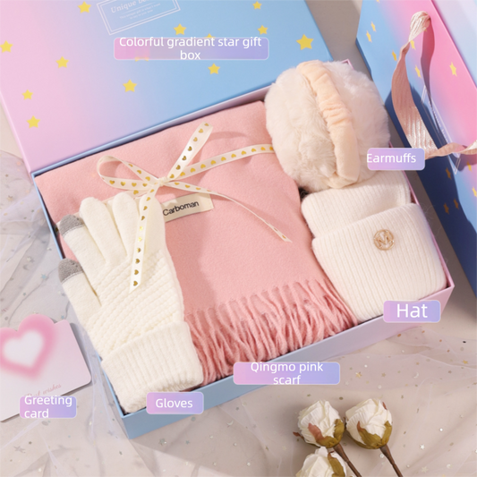 Pink and White Winter Scarf Gift Box Set for Women (4-Piece Set: Earmuffs, Hat, Gloves, and Scarf)- Soft Warm V888-ELOSUNG53152
