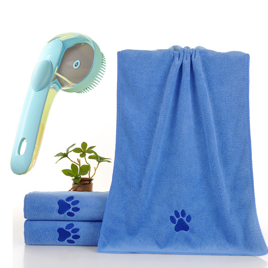 2-Piece Pet Cleaning Set - Blue Silicone Bath Brush with Liquid Dispenser and Blue 40*80cm Microfiber Drying V888-ELOSUNG53184