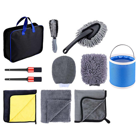 11-Piece Car Wash and Detailing Kit - 9L Blue Collapsible Oxford Fabric Bucket, Microfiber Towels, Wax V888-ELOSUNG53188