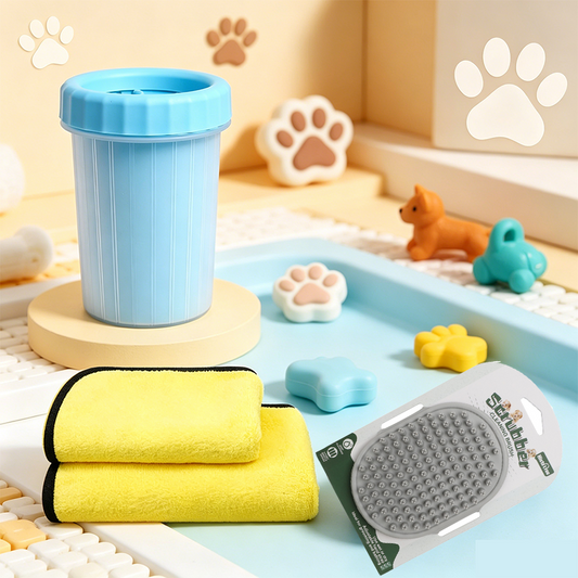 4-Piece Pet Cleaning Kit -Pet Grooming and Paw Cleaning Set with big Blue Dog Paw Cleaner Cup Grey Pet V888-ELOSUNG53231