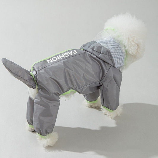 Grey and Green S size Dog Raincoat with Leash Access and Transparent Hood - Waterproof Full Body Pet Rain V888-ELOSUNG53238